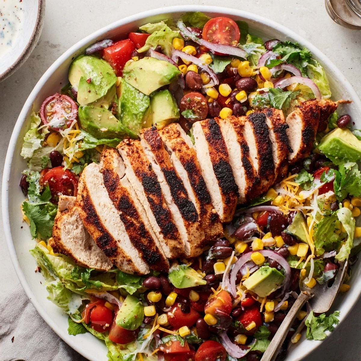 Hearty Southwestern Chicken Salad served warm with grilled chicken breasts and crunchy tortilla strips