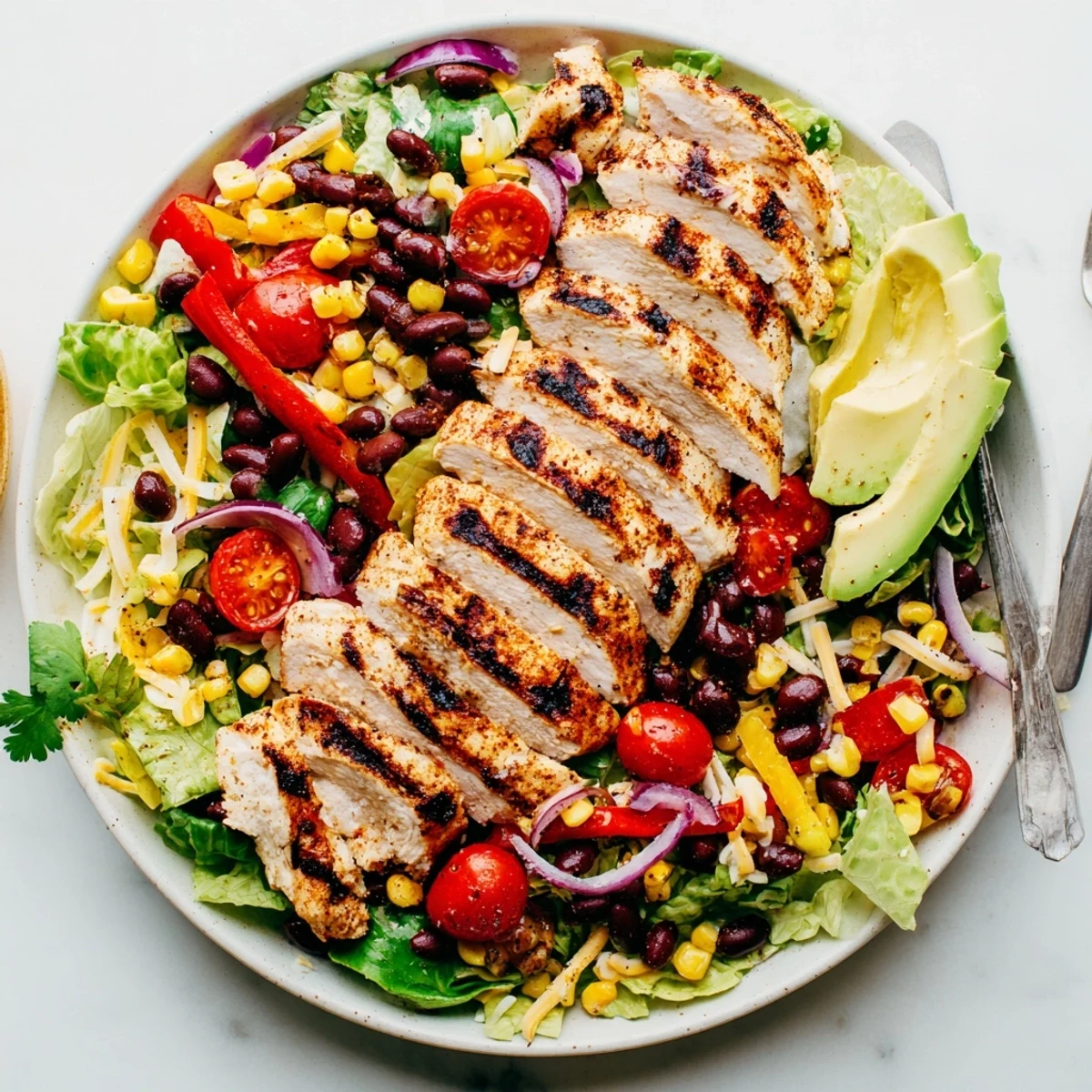 Bright Southwestern Chicken Salad topped with sliced lime, cilantro, zesty yogurt dressing