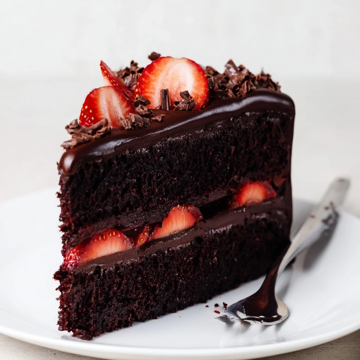 Strawberry Chocolate Cake with glossy ganache, sliced strawberries, and moist chocolate layers