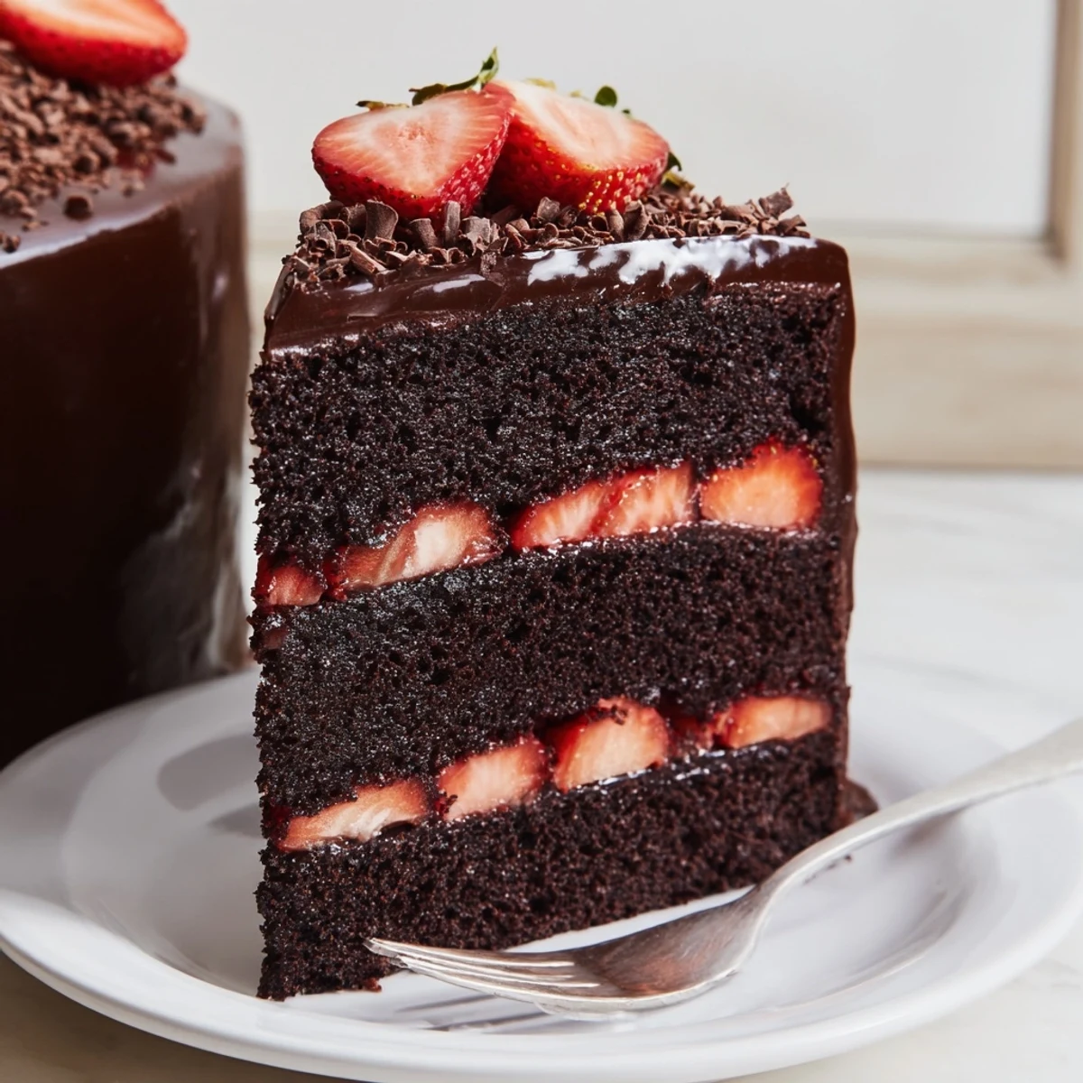 Decadent Strawberry Chocolate Cake chilled for cleaner slices, topped with fresh berries