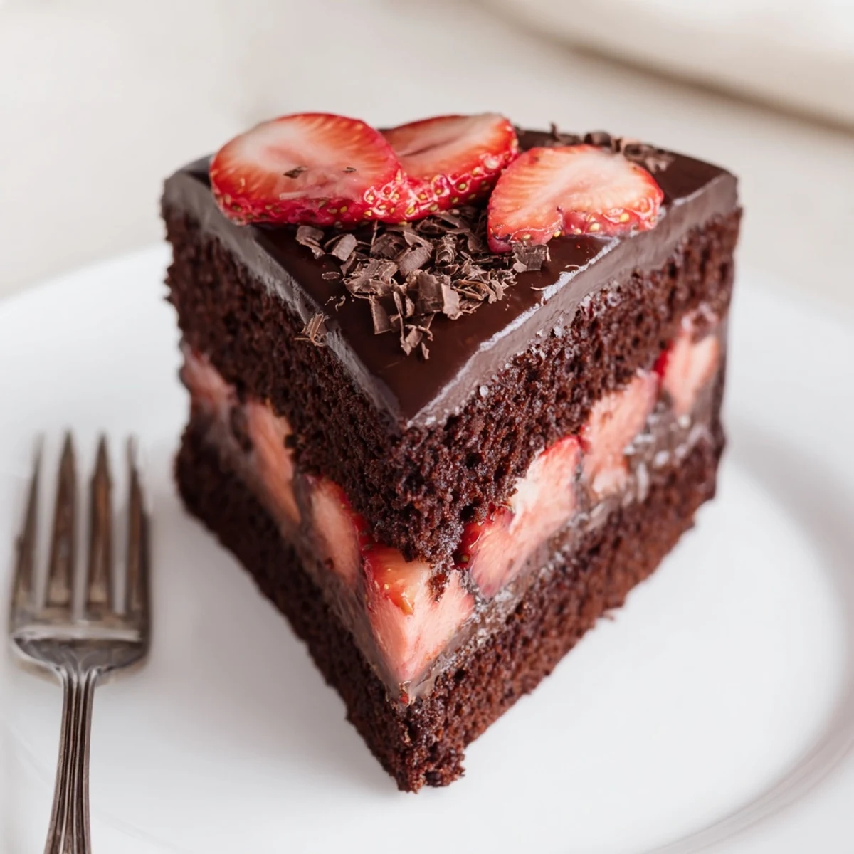 Velvety Strawberry Chocolate Cake layered with strawberry filling and ganache, ready to serve