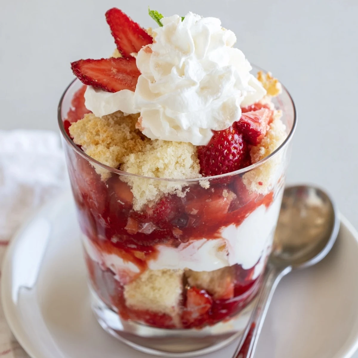 Individual Strawberry Shortcake Trifles showing golden shortcake crumbs, macerated strawberries, fluffy cream