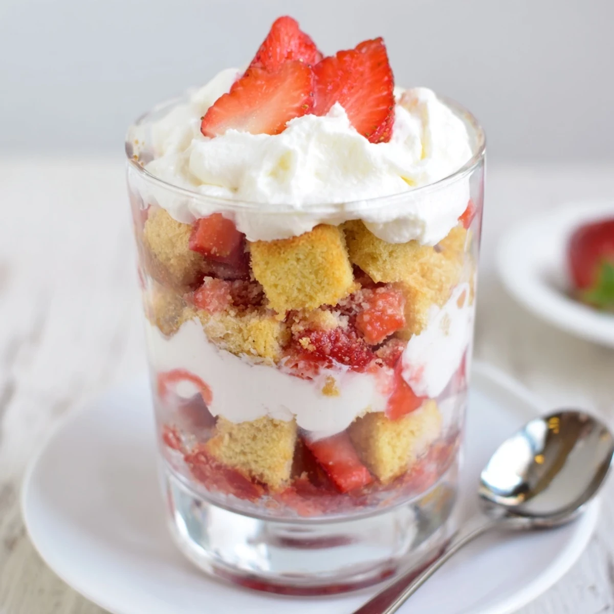 Strawberry Shortcake Trifles layered in glasses with juicy berries and whipped cream