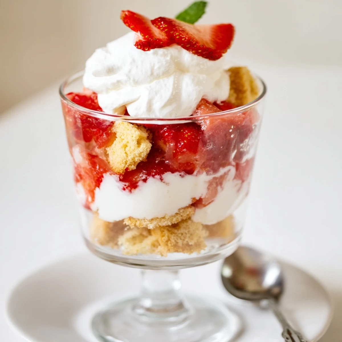 Chilled Strawberry Shortcake Trifles topped with sliced strawberries and a mint sprig