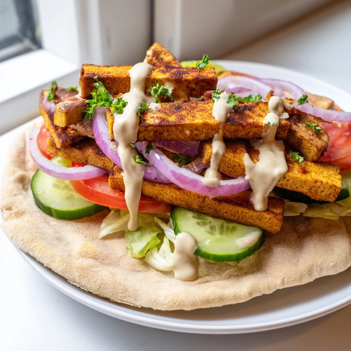 Golden tofu shawarma strips nestled in warm pita with crisp veggies and tahini sauce.