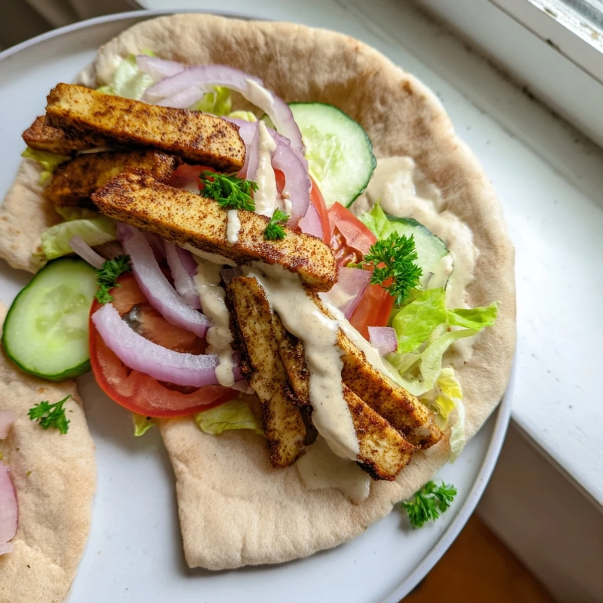 Spiced tofu shawarma plated on a flatbread wrap with fresh cucumber, tomato, and parsley.