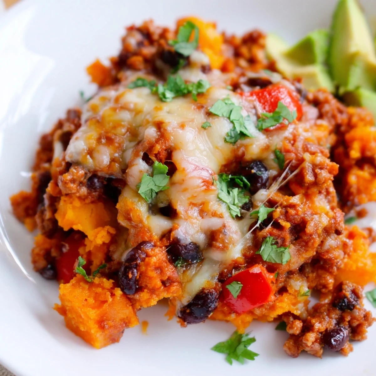 Sweet Potato Turkey Black Bean Bake topped with melted cheese and fresh cilantro in a bubbling casserole dish