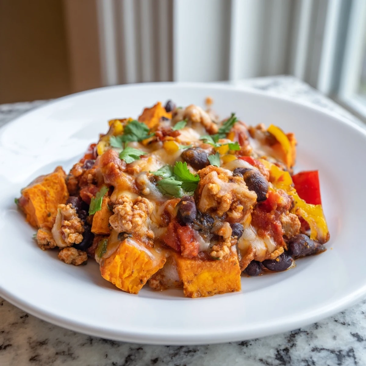 Hearty Sweet Potato Turkey Black Bean Bake with tender diced potatoes and spiced turkey spooned from a warm skillet