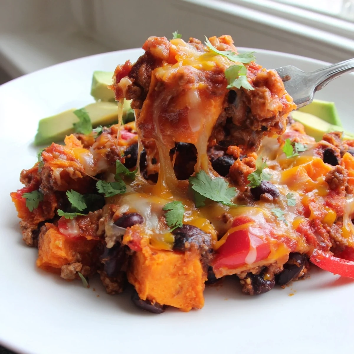 Golden Sweet Potato Turkey Black Bean Bake served in a rustic dish with creamy avocado slices on top
