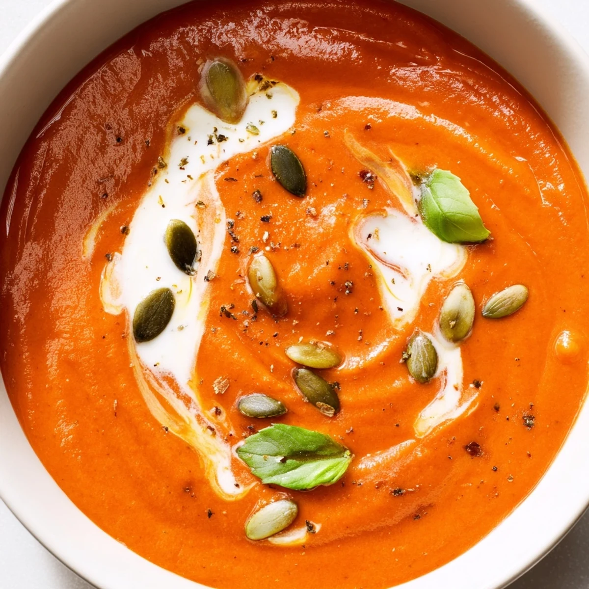Creamy high protein tomato soup swirled with yogurt and topped with fresh basil leaves