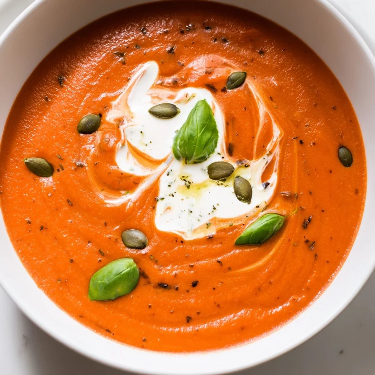 Steaming bowl of high protein tomato soup garnished with pumpkin seeds and herbs