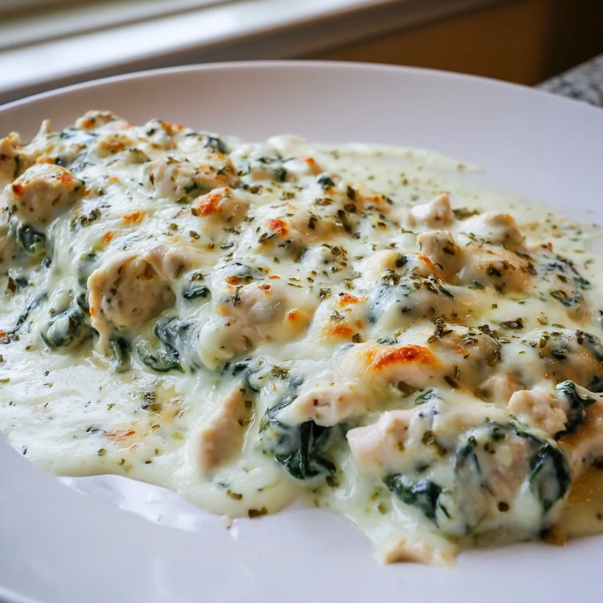 Creamy chicken spinach casserole with bubbling golden cheese in a rustic baking dish
