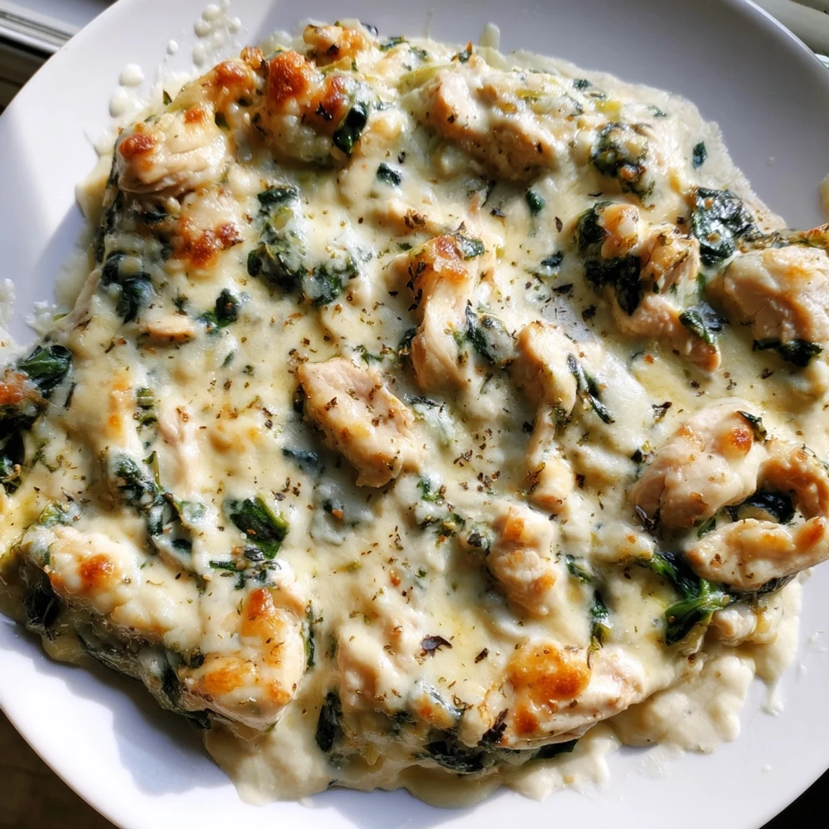 Spoonful of creamy chicken spinach casserole pulled fresh from a cheesy golden crust
