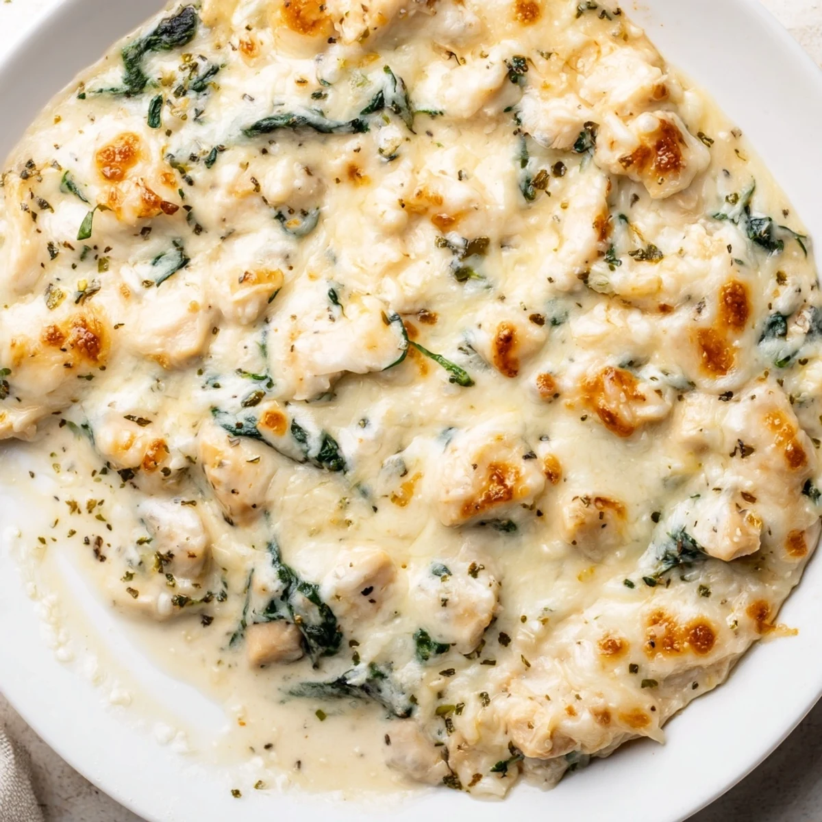 Tender chicken and wilted spinach nestled in a creamy chicken spinach casserole