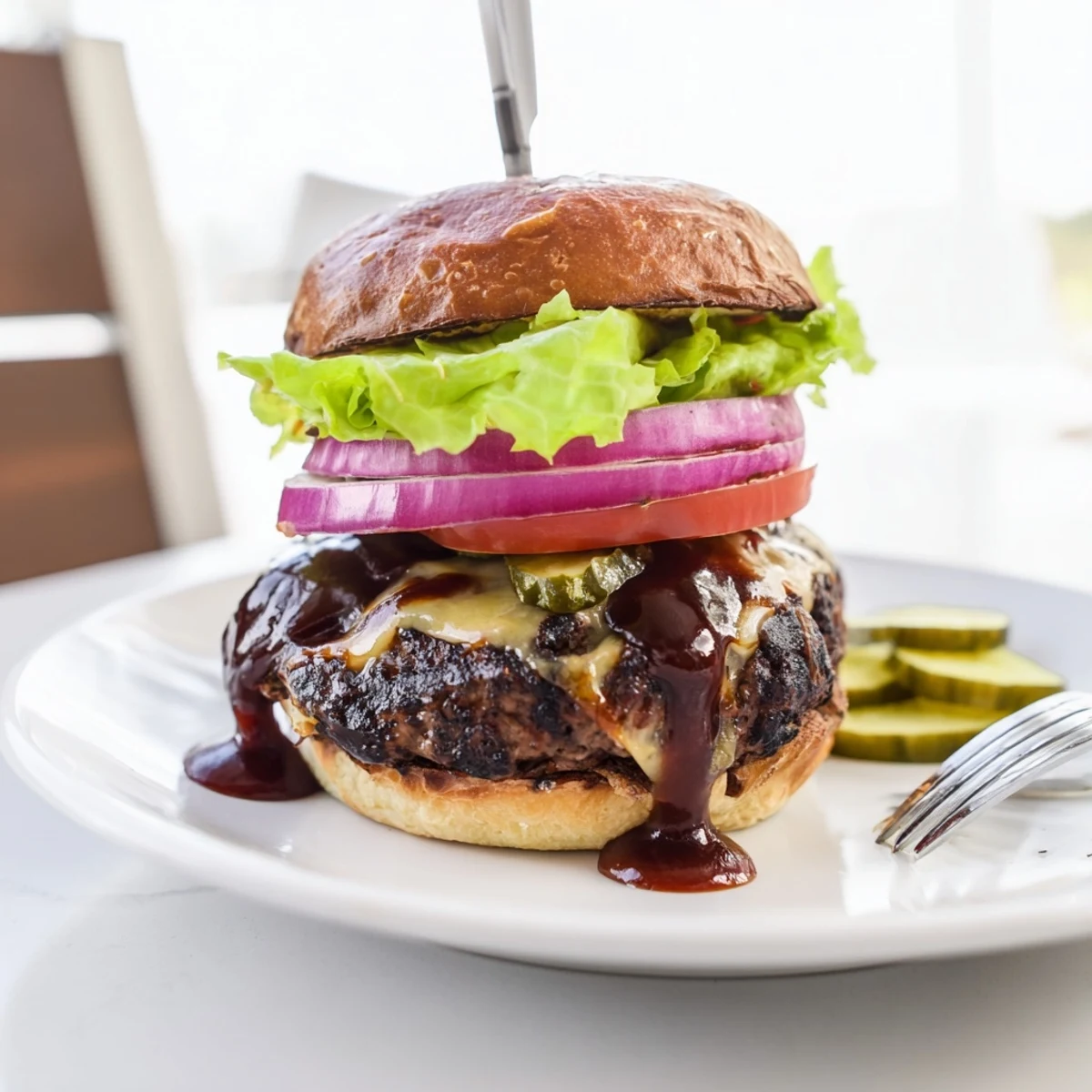 Coffee rub burgers topped with melted cheddar and tangy smoky BBQ sauce