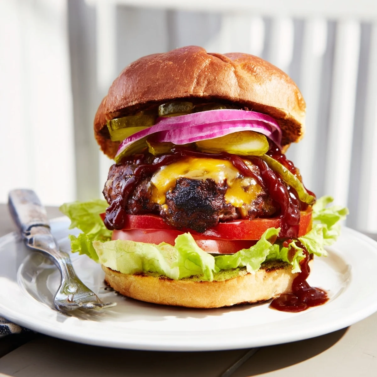 Grilled coffee rub burgers dripping with smoky BBQ sauce and fresh toppings