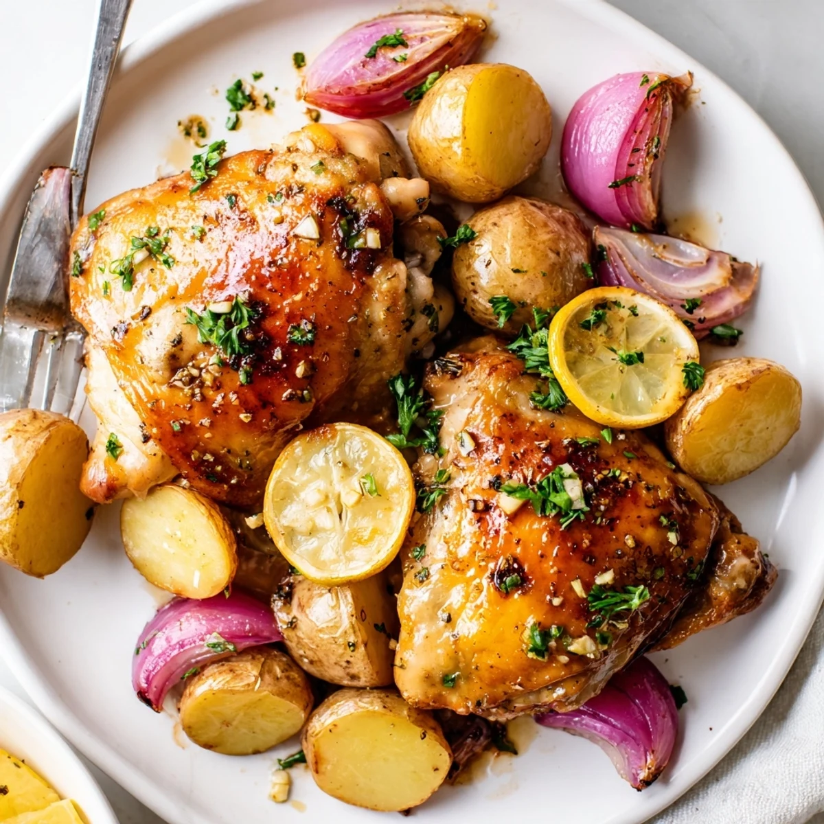 Golden baked honey lemon chicken and potatoes glistening with a sweet tangy glaze