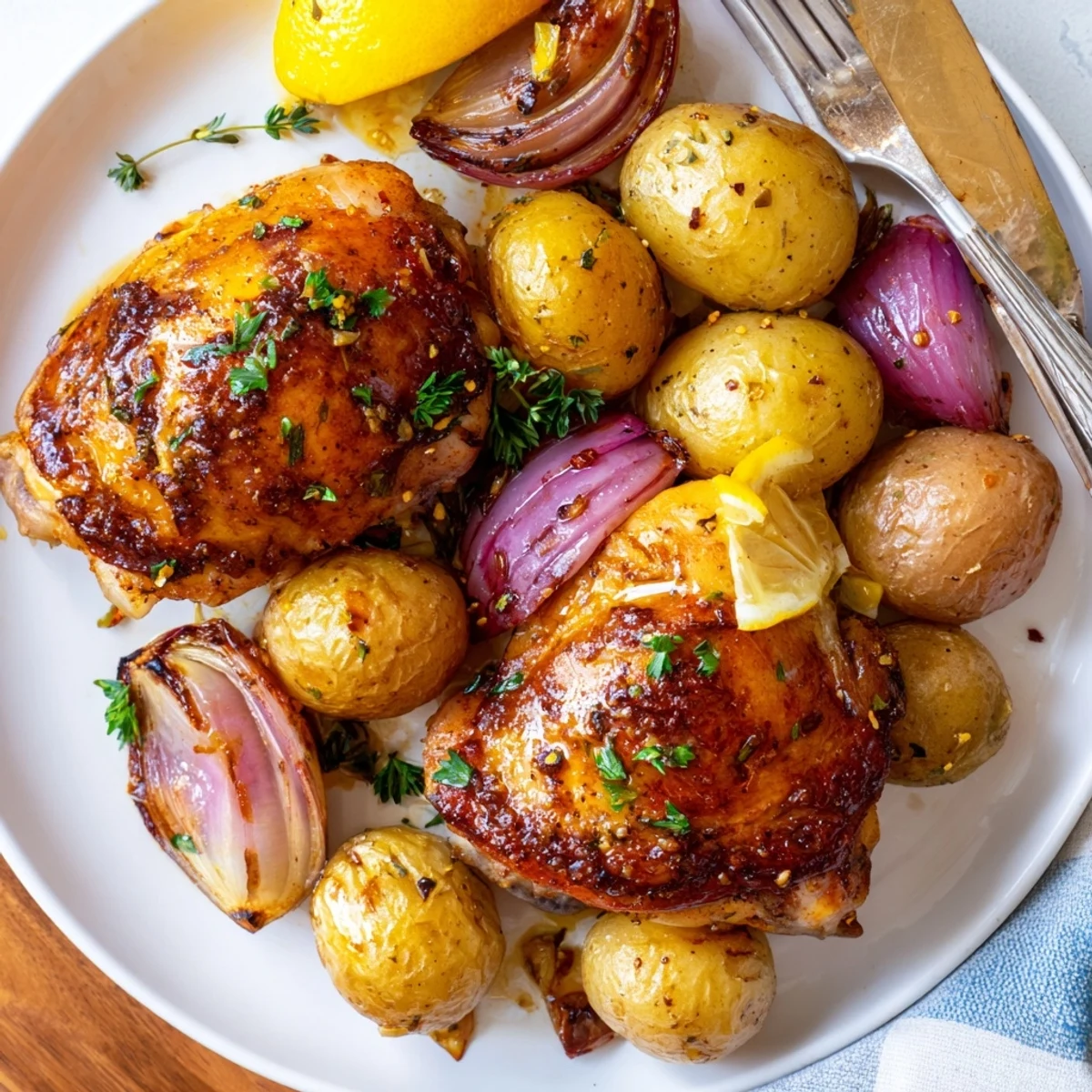 Crispy-skinned baked honey lemon chicken and potatoes roasted on a sheet pan
