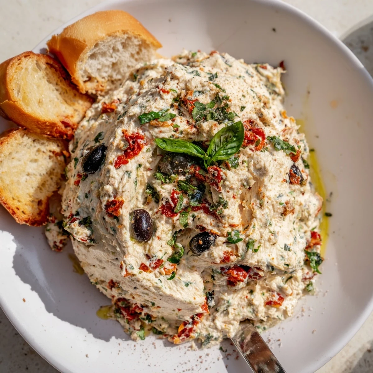 Italian Style Olive And Cheese Spread loaded with green and black olives in a rustic bowl