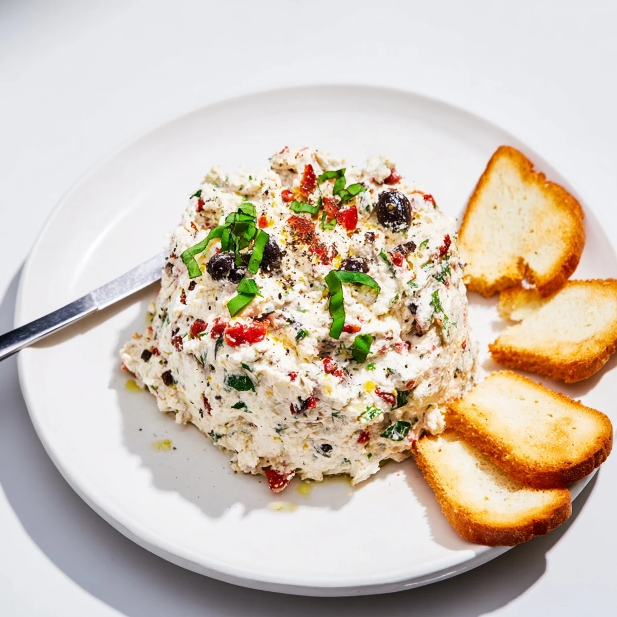 Creamy Italian Style Olive And Cheese Spread served on golden crostini with fresh basil