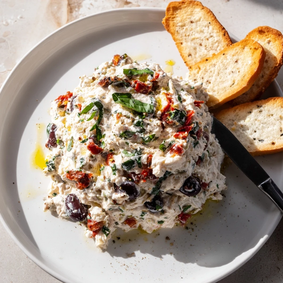 A vibrant scoop of Italian Style Olive And Cheese Spread paired with crackers and sun-dried tomatoes