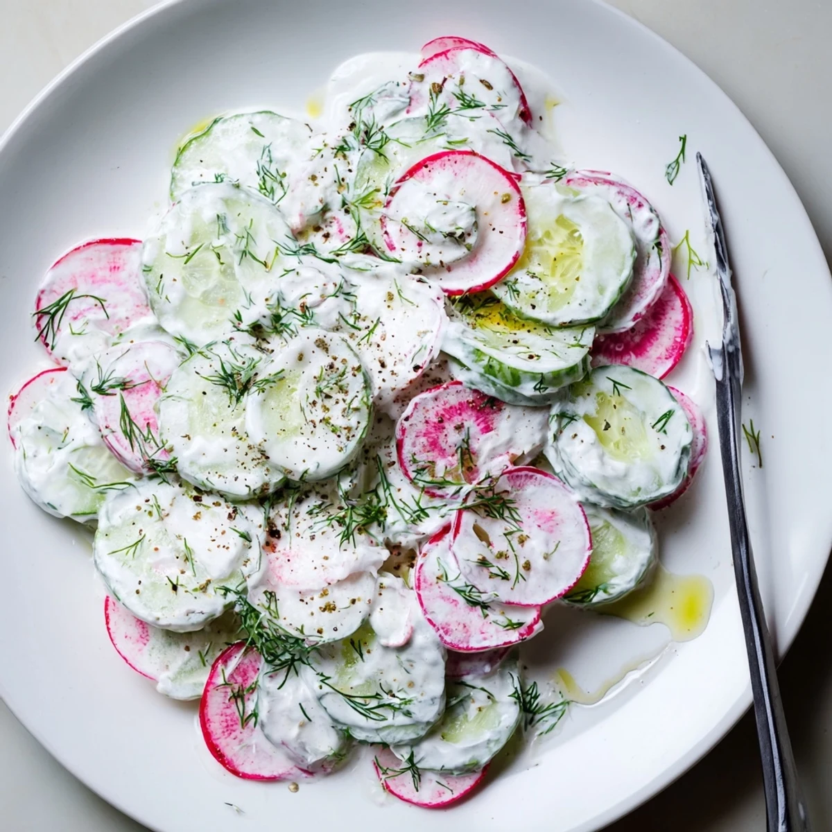 Crisp cucumbers and peppery radishes coated in a tangy yogurt dill dressing
