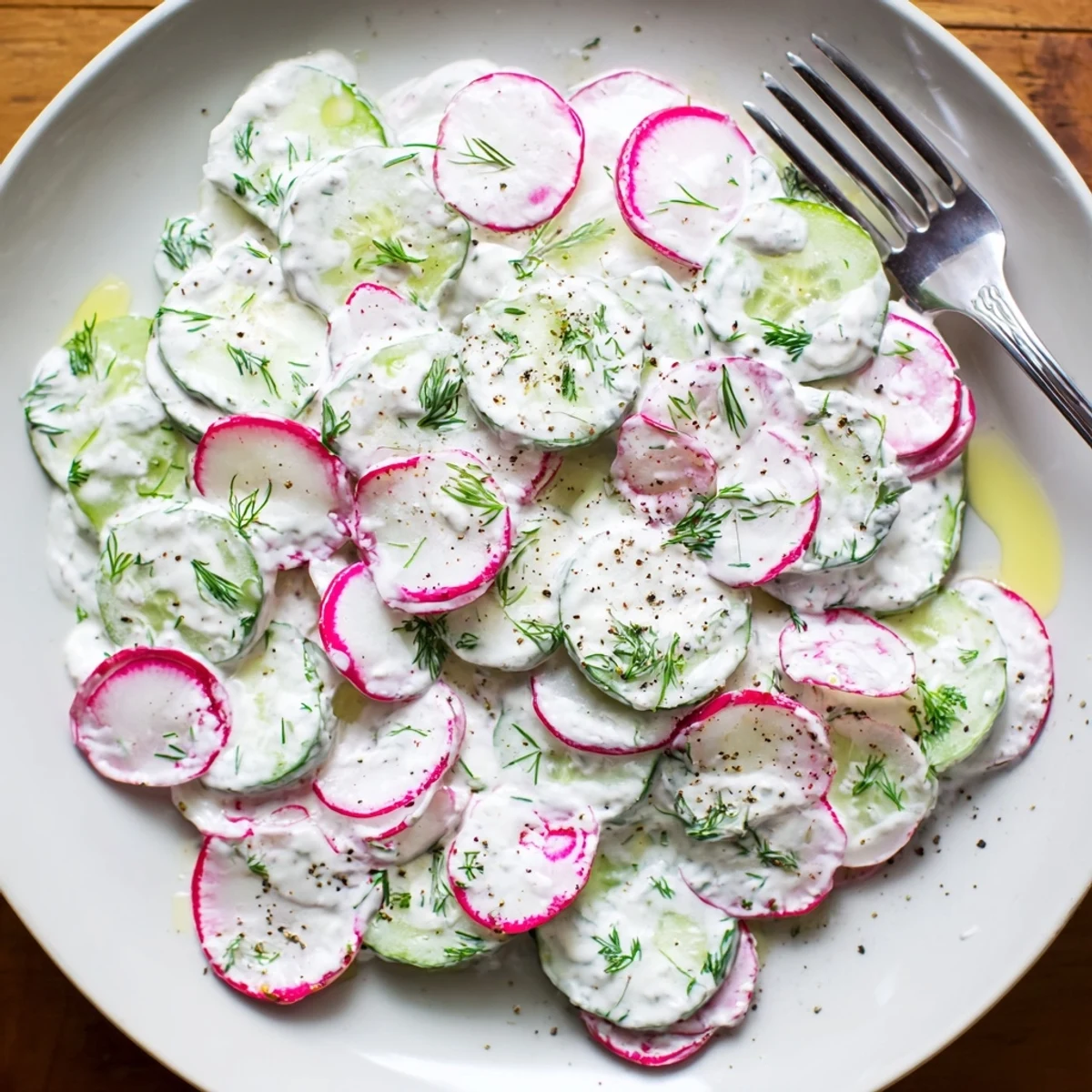 Creamy cucumber radish yogurt dill salad in a rustic bowl with fresh herbs