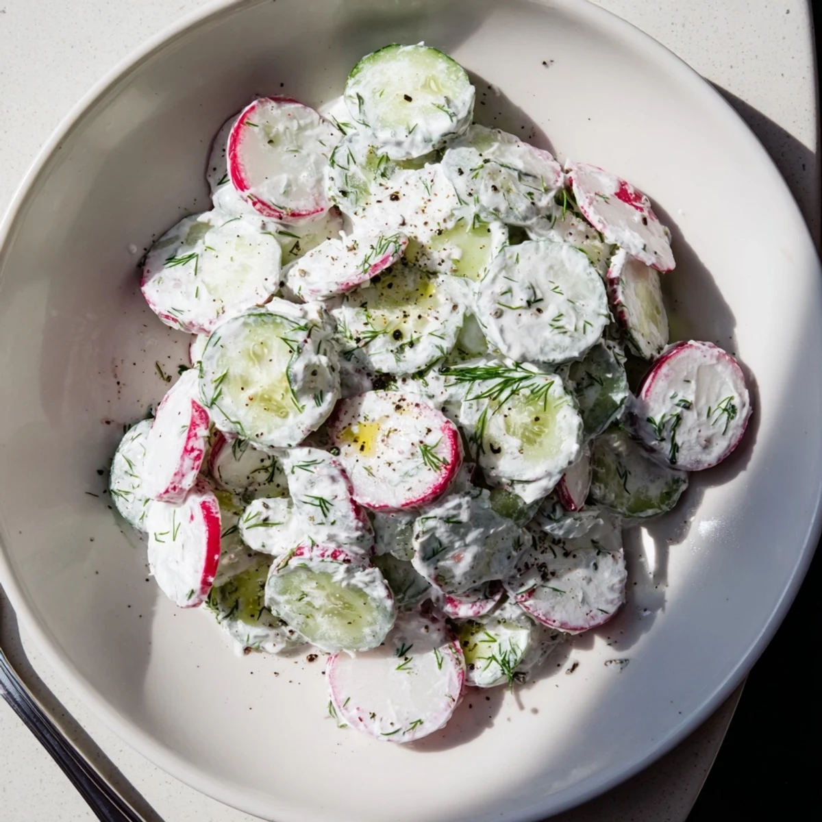 Cool cucumber radish yogurt dill salad served chilled as a refreshing summer side