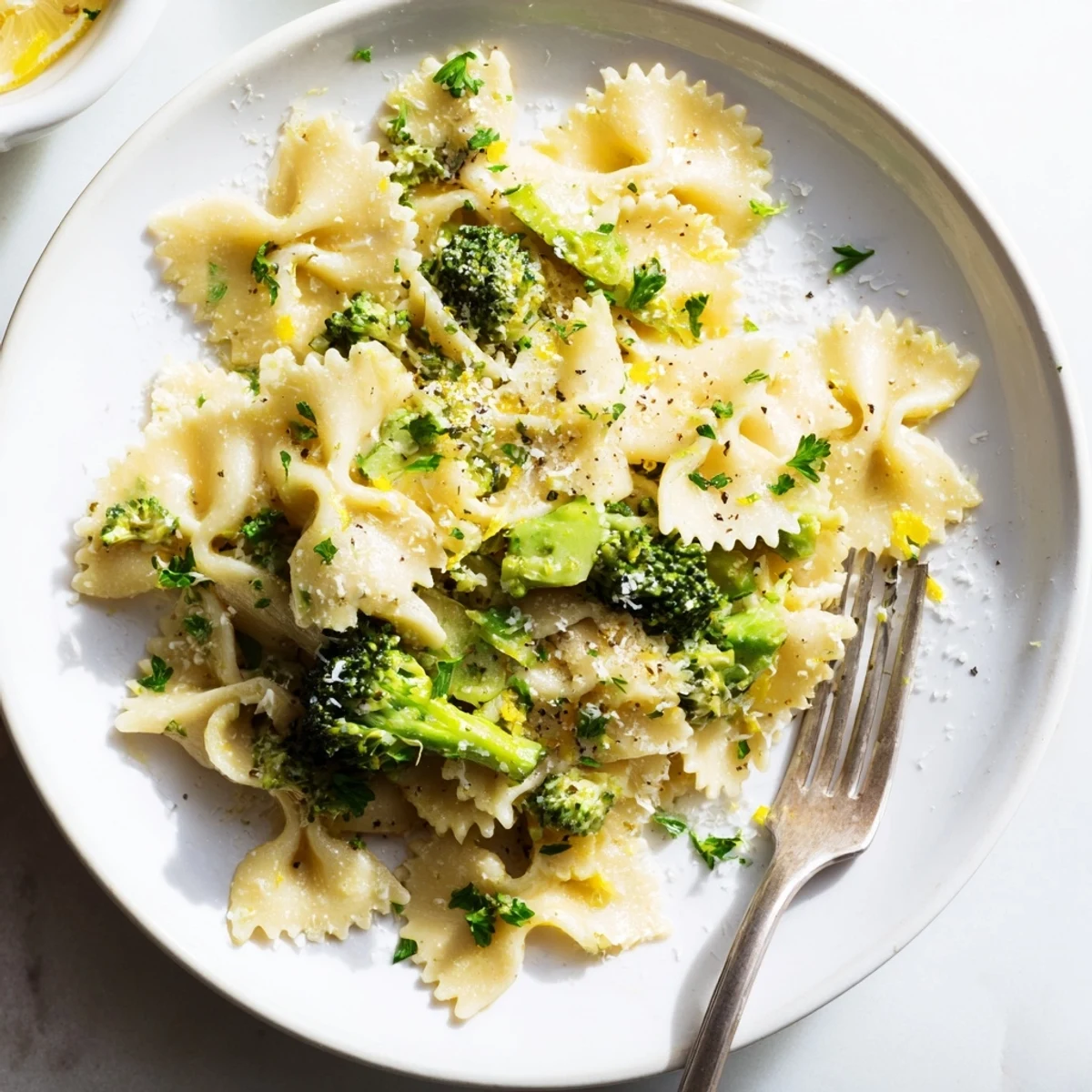 Steaming bowl of Mafaldine Pasta Limone Broccoli garnished with fresh basil and extra grated parmesan cheese