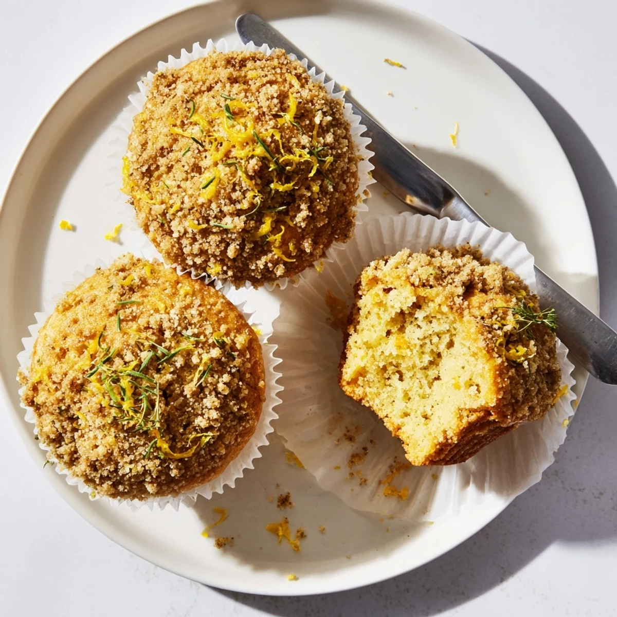 Golden Lemon Orange Honey Muffins With Thyme Crumble topped with a fragrant herb-streusel topping on a rustic baking sheet
