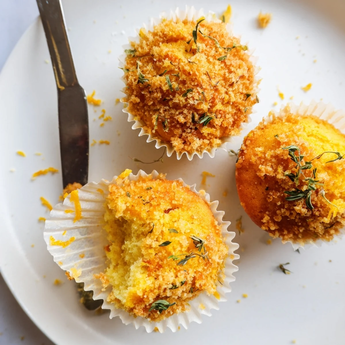 Warm Lemon Orange Honey Muffins With Thyme Crumble arranged on a wire cooling rack beside a honey jar and fresh citrus