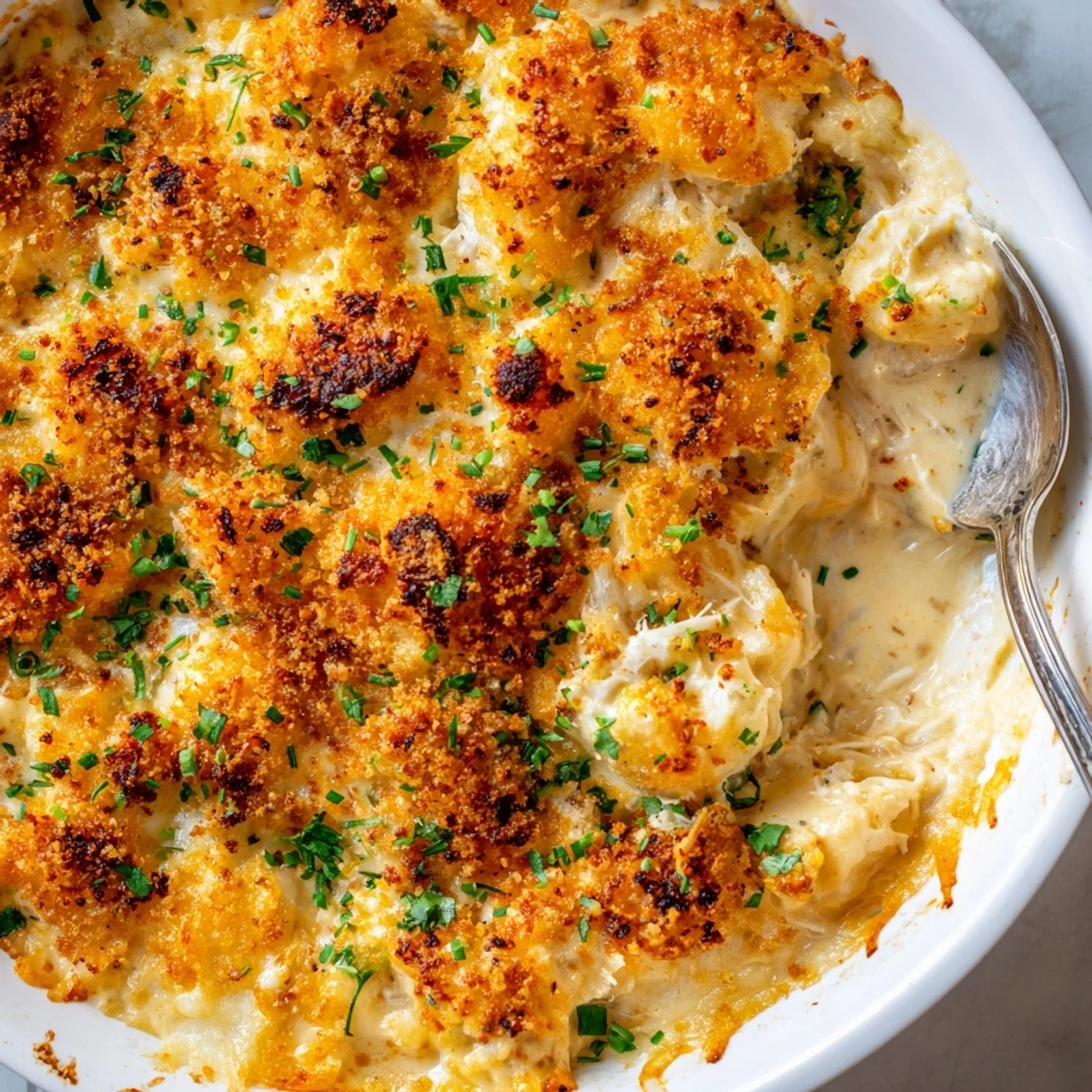 Bubbling cheesy jumbo lump crab au gratin with a golden panko crust fresh from oven