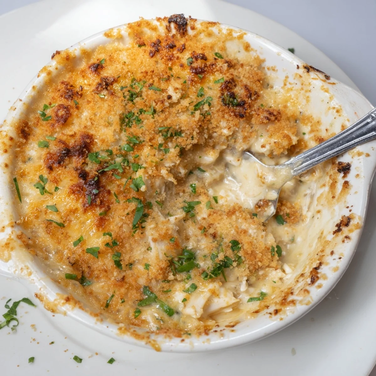 Creamy cheesy jumbo lump crab au gratin topped with melted Gruyère and crispy breadcrumbs