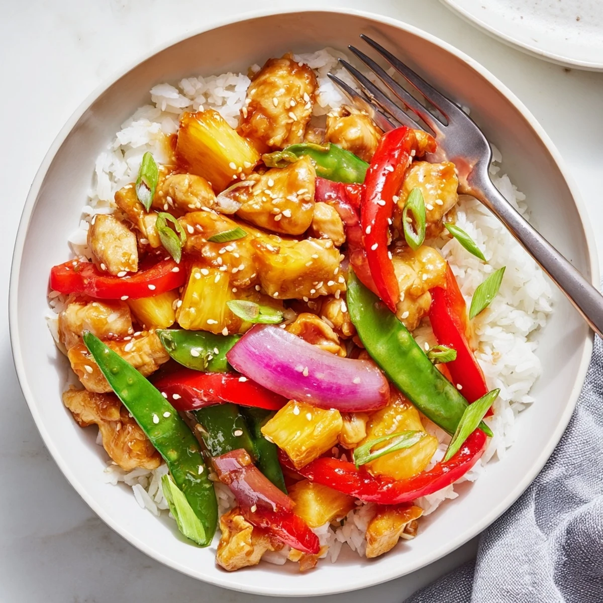 Golden seared chicken and sweet pineapple chunks piled over fluffy white rice in a glazed bowl