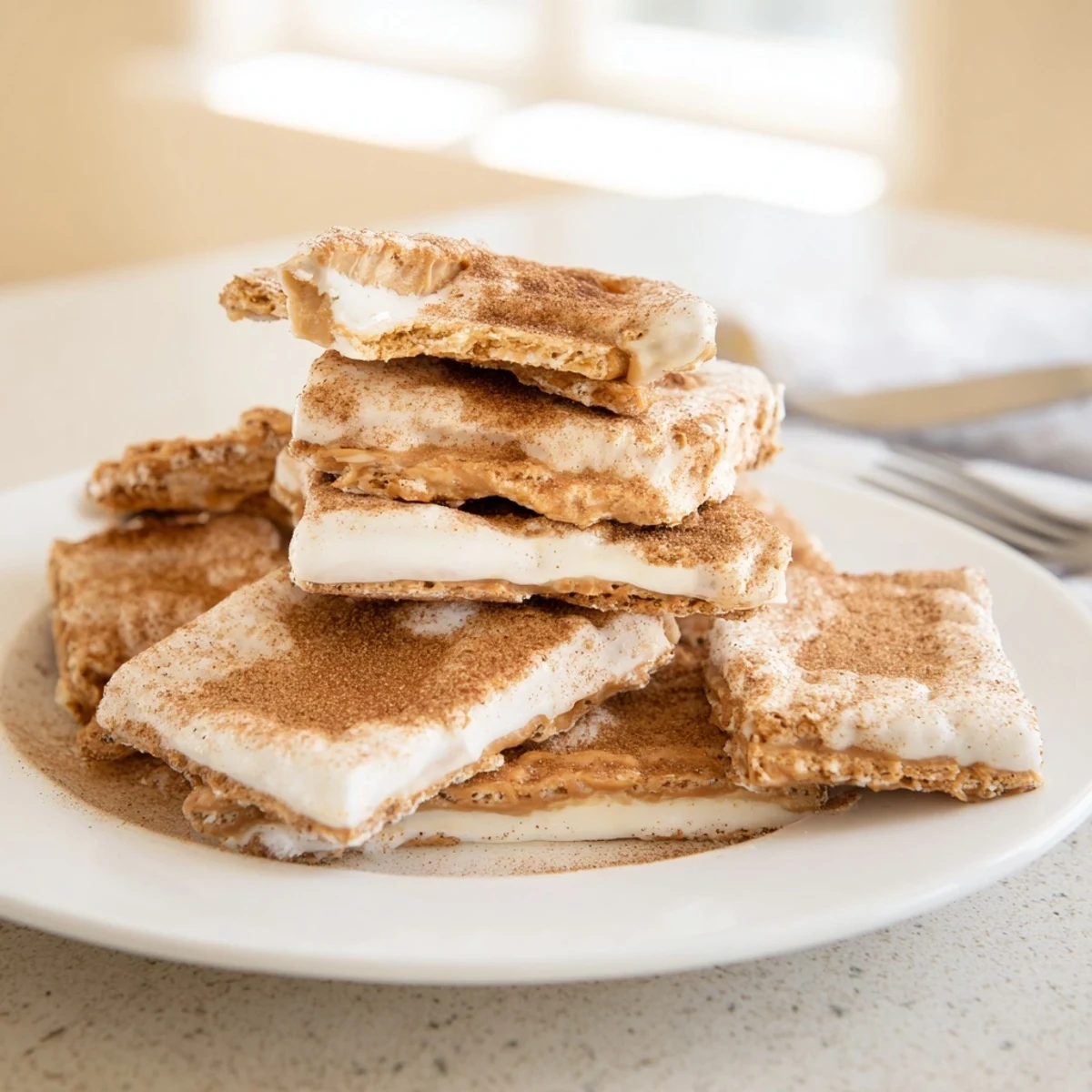 Golden Churro Saltine White Toffee pieces coated in cinnamon sugar on a rustic baking sheet