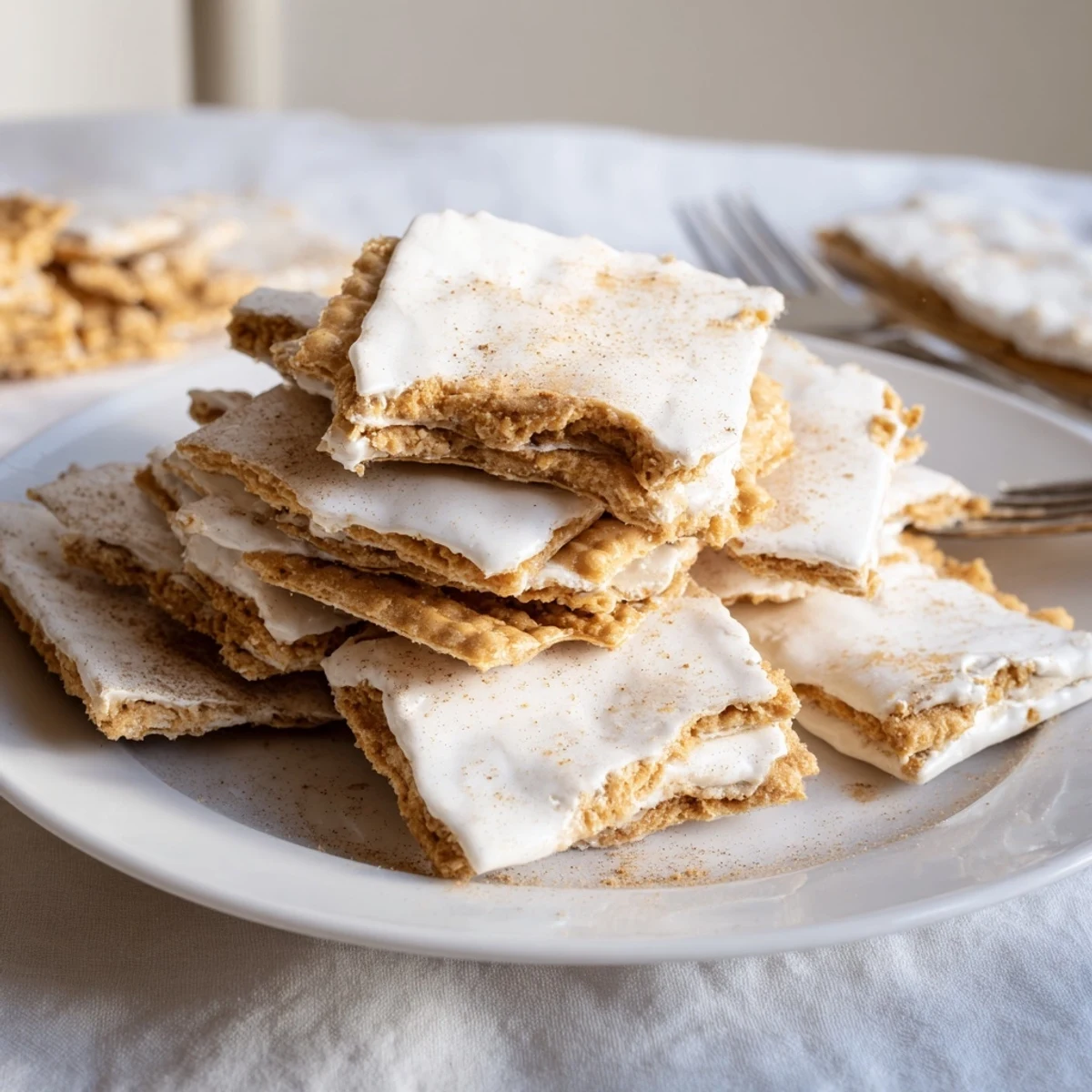 Crunchy Churro Saltine White Toffee squares dusted with cinnamon served on a parchment-lined tray