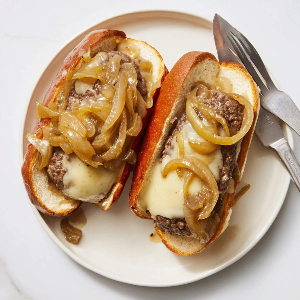 Juicy smothered hamburger steak sandwiches dripping with savory onion gravy on toasted rolls