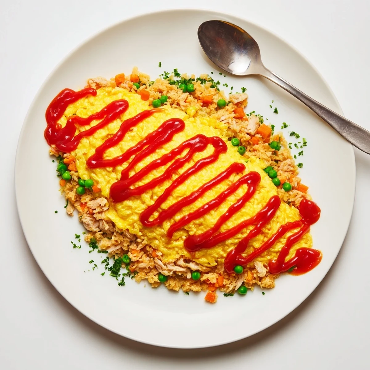 Golden omurice with a fluffy omelette draped over ketchup fried rice, drizzled with sauce