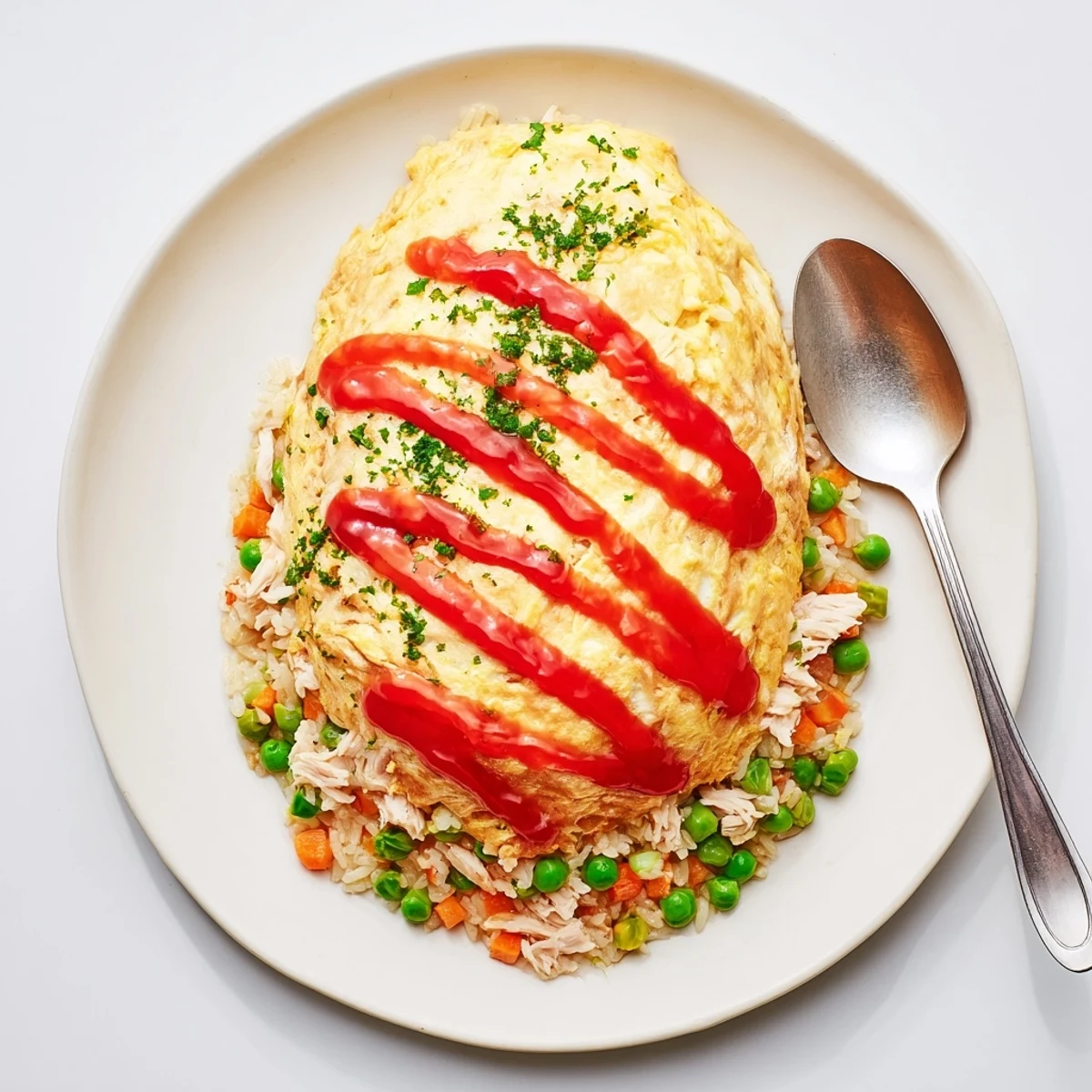 Omurice served on a plate, the soft egg blanket wrapped around savory chicken rice