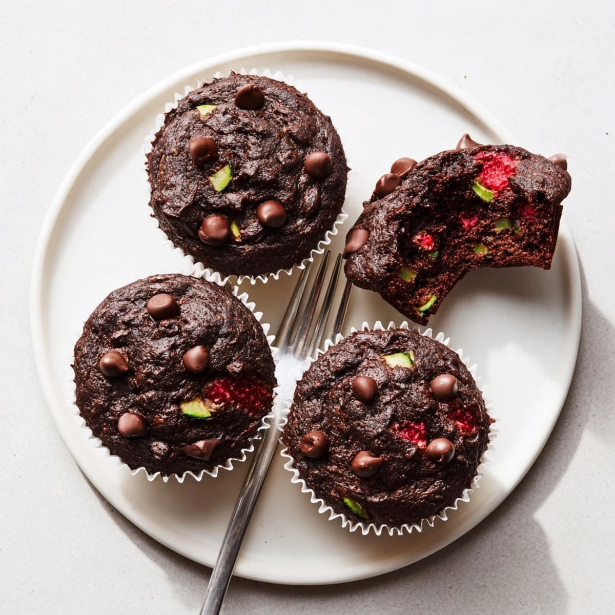 Chocolate zucchini strawberry muffins with glossy chocolate chip tops on a wire cooling rack