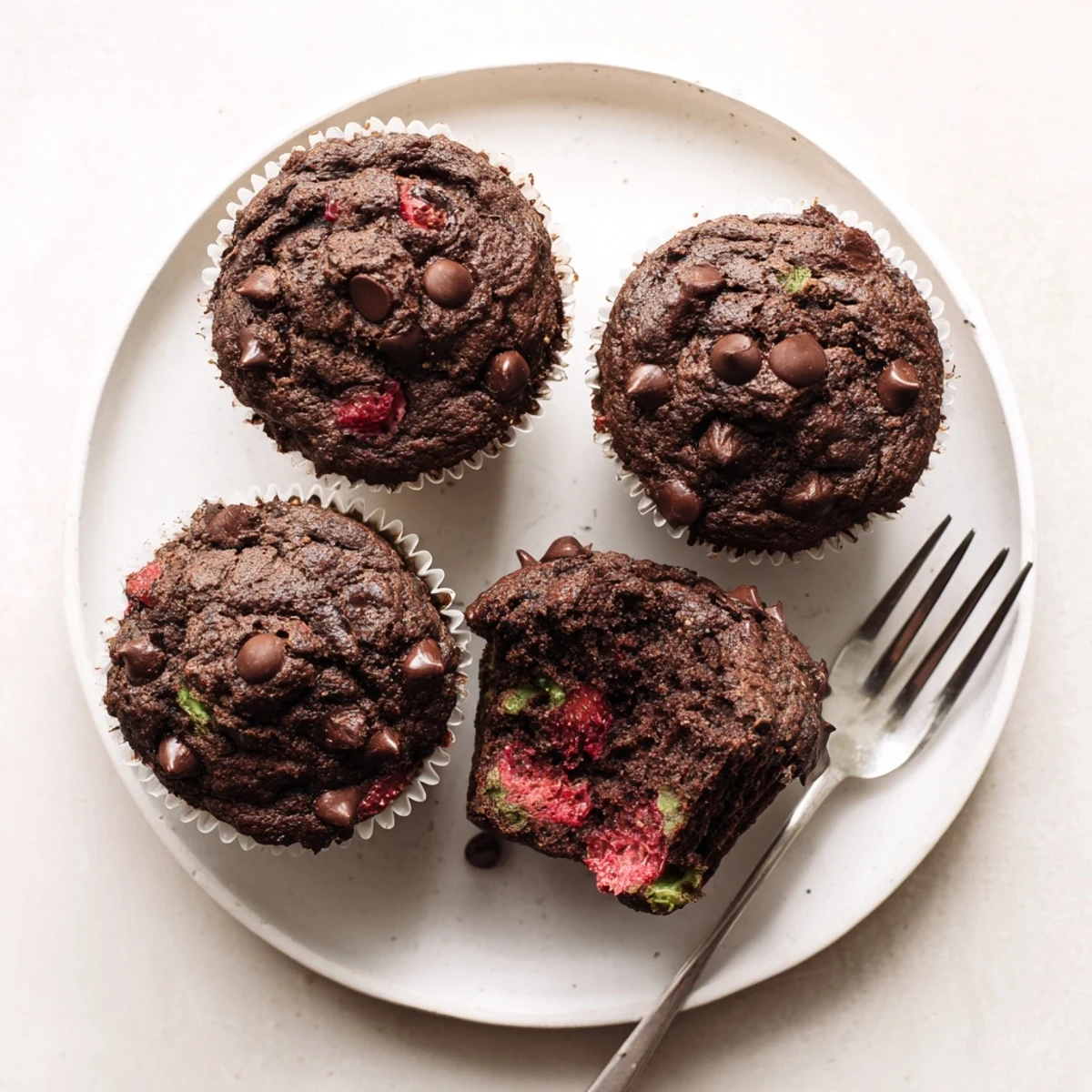 Moist chocolate zucchini strawberry muffins studded with juicy red strawberry pieces fresh from the oven