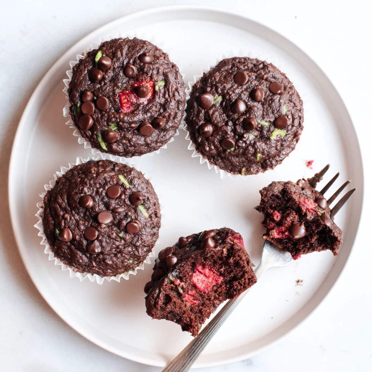 Tender chocolate zucchini strawberry muffins served on a rustic plate with a warm crumbly interior