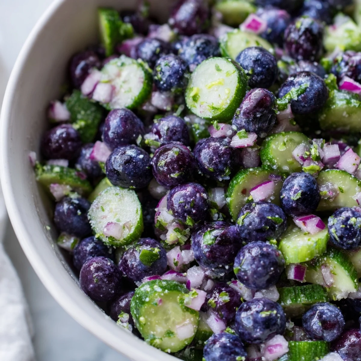 Blueberry Cucumber Salsa in a bright bowl with tortilla chips and fresh cilantro