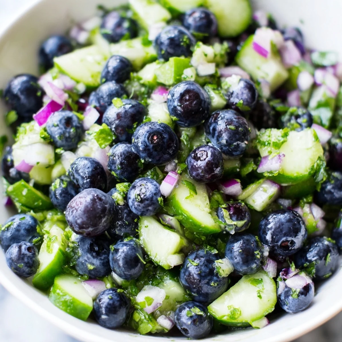 Close-up of blueberry cucumber salsa showing juicy berries and crisp diced cucumber
