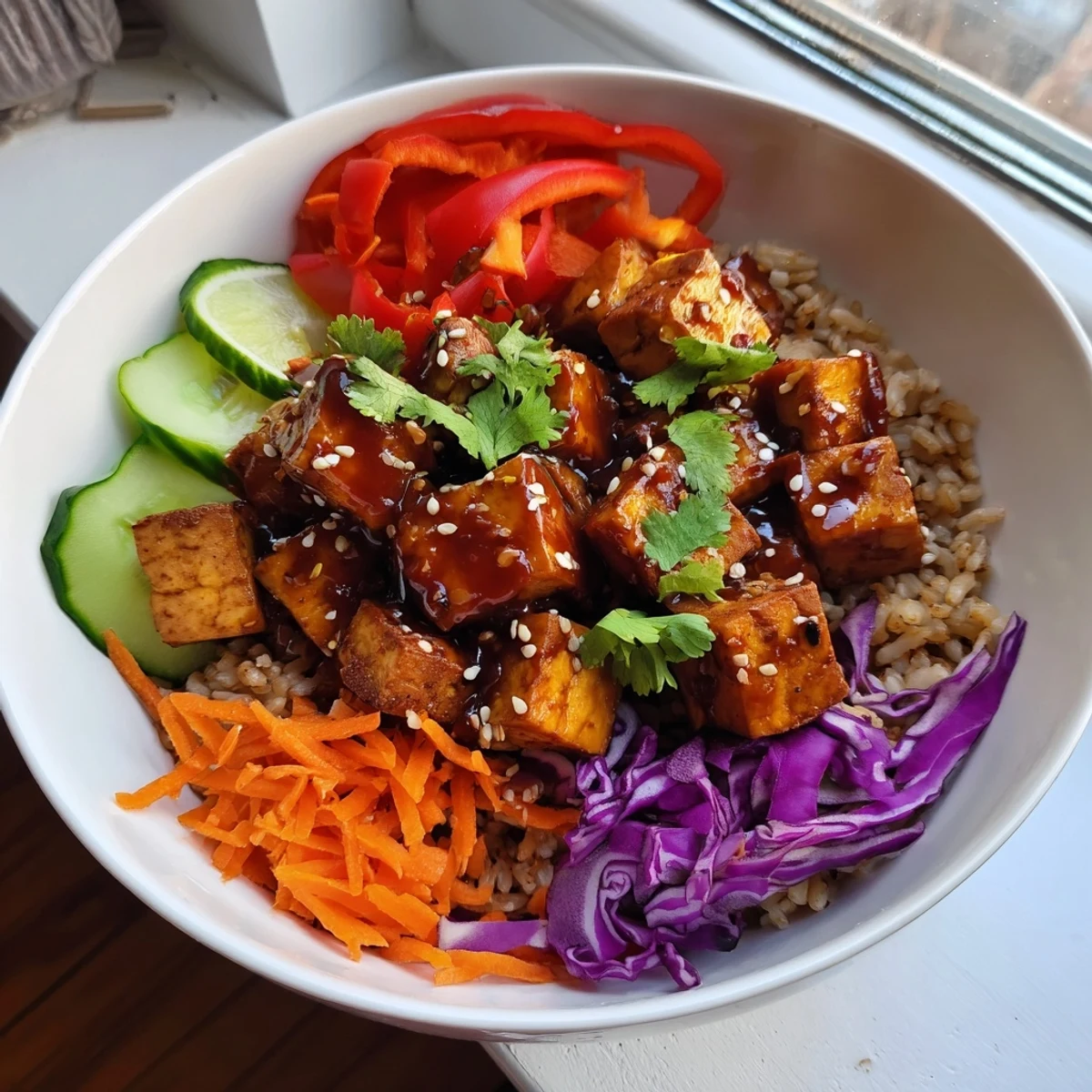 Crispy golden spicy tofu grain bowl topped with colorful vegetables and sesame seeds