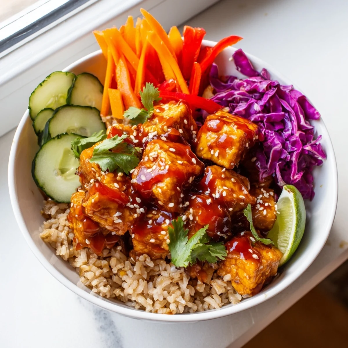 Spicy tofu grain bowl drizzled with zesty sauce over fresh crunchy vegetables