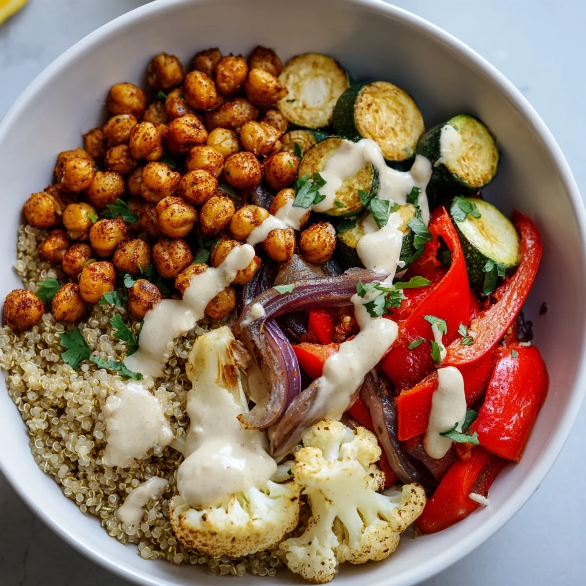 Golden roasted vegetables and spiced chickpeas fill this vibrant Moroccan Chickpea Bowl.