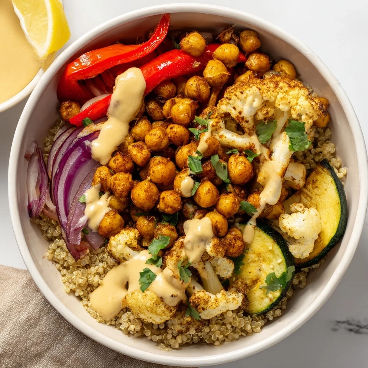 Steaming Moroccan Chickpea Bowl drizzled with creamy lemon-tahini sauce and fresh herbs.