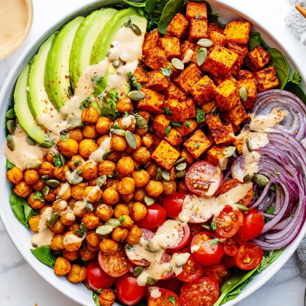 Creamy sweet potato chickpea bowl drizzled with tahini over fresh greens and avocado