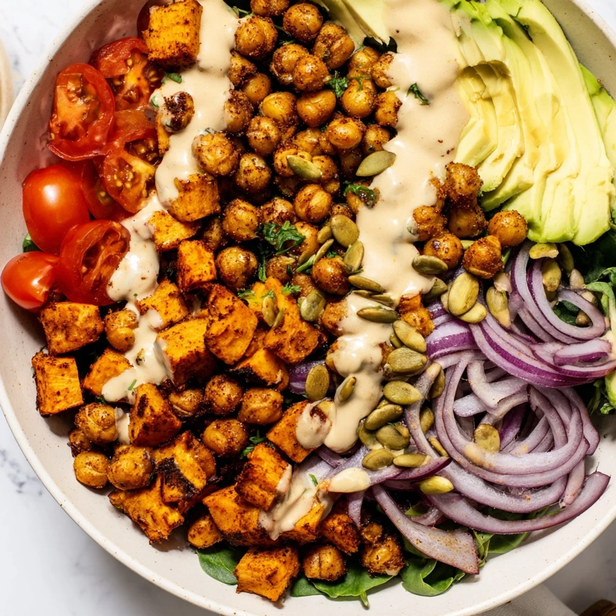 Golden roasted sweet potato chickpea bowl topped with crispy spiced legumes and colorful vegetables